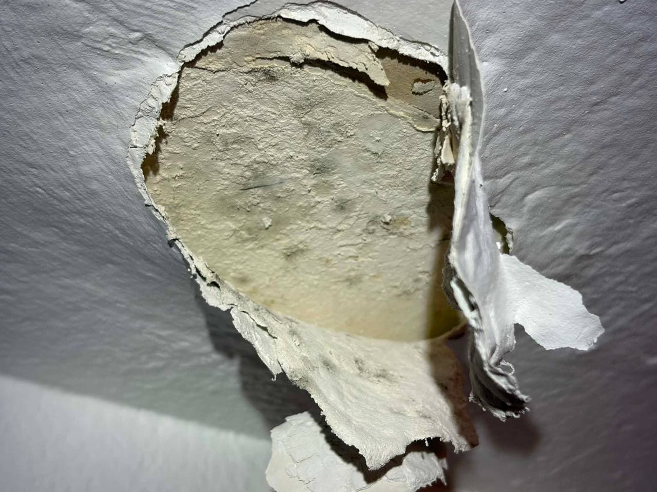 Ceiling water damage with hidden mold underneath